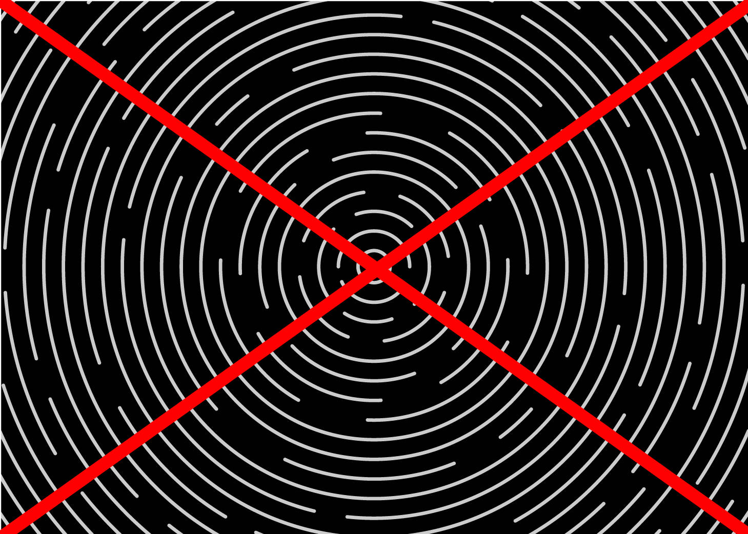 A white ripple pattern centered over a black background with a big red "x" through it